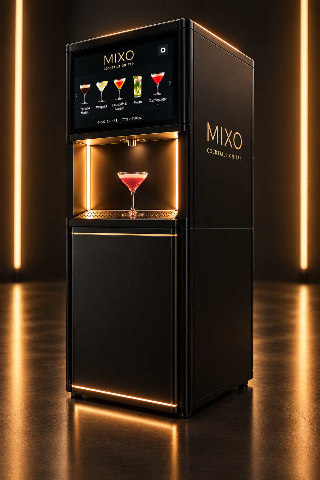 Angled view of the floor-standing MIXO smart cocktail bar with illuminated gold detailing